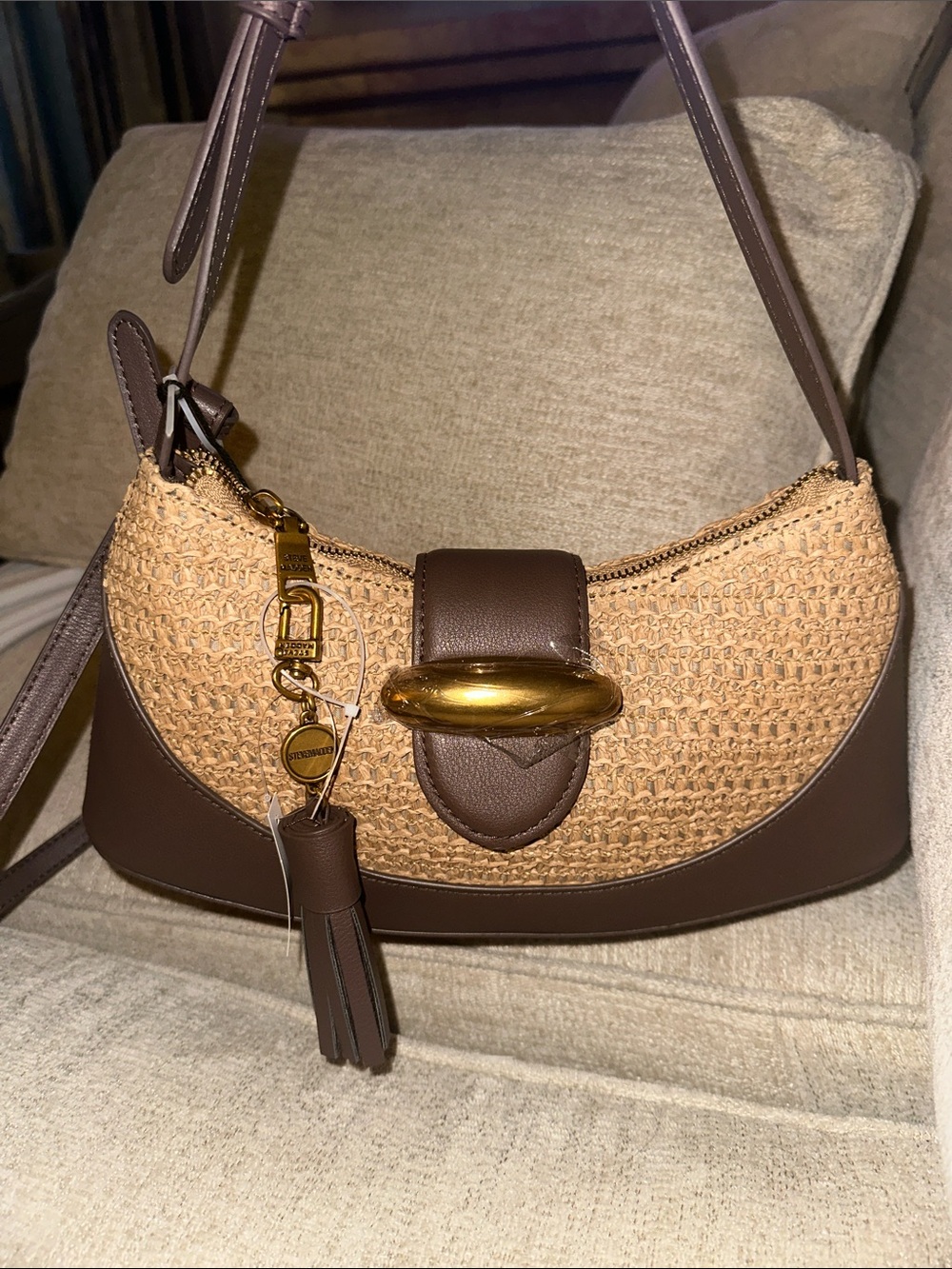 Steve Madden Brown and Tan Woven Shoulder Bag with Gold Accent